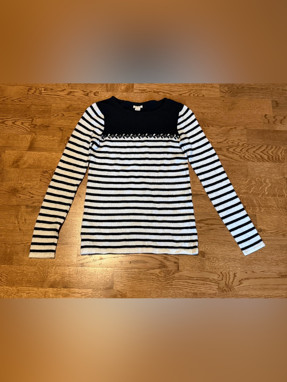 J. Crew Black and White Striped Crewneck Sweater with Studded Yoke Size XS